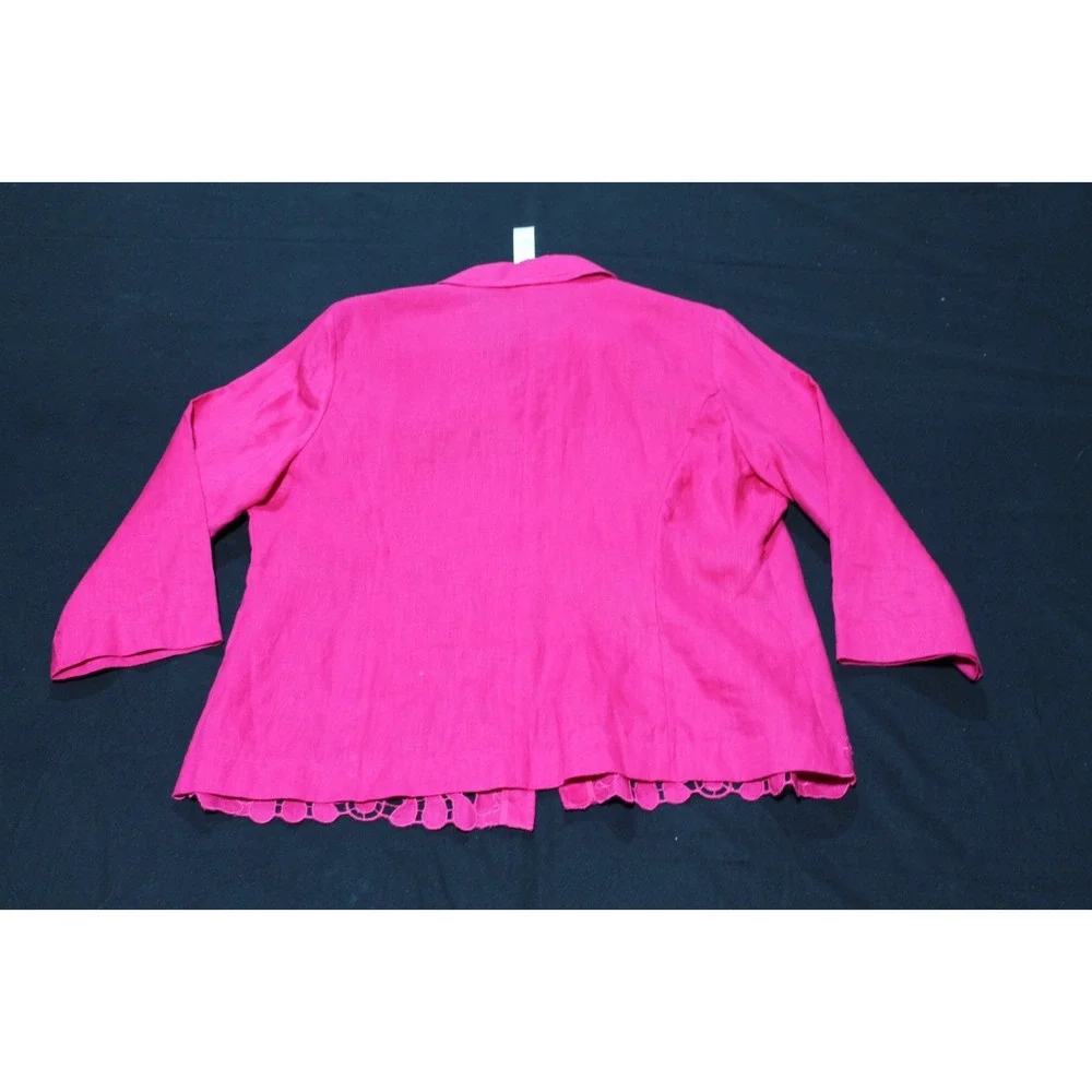 Chico's Size 2 Pink Linen Embroidered Cutwork Jacket Open Front 3/4 Sleeve